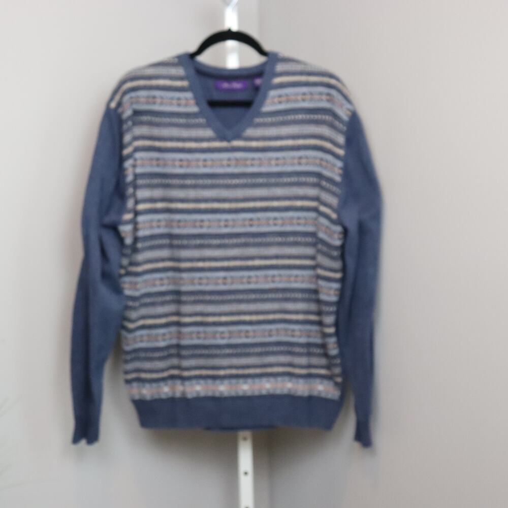 Alan Flusser Men’s‎ Cotton Sweater Blue Fair Isle Stripe XL